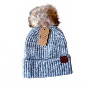 NEW CC BEANIES women's soft ribbed fur pom beanie in aqua